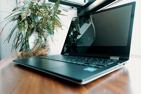 A notebook computer sitting on the table with Greenery around it